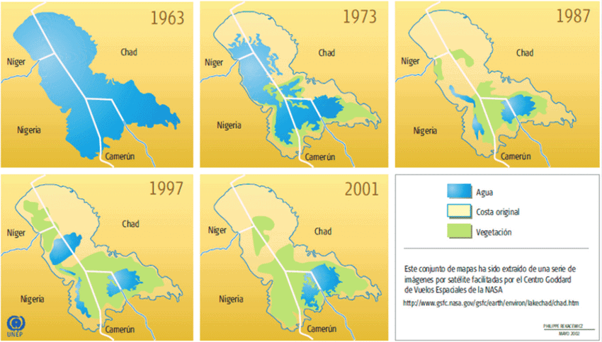 image depicting the recession of Lake Chad between 1963 and 2001